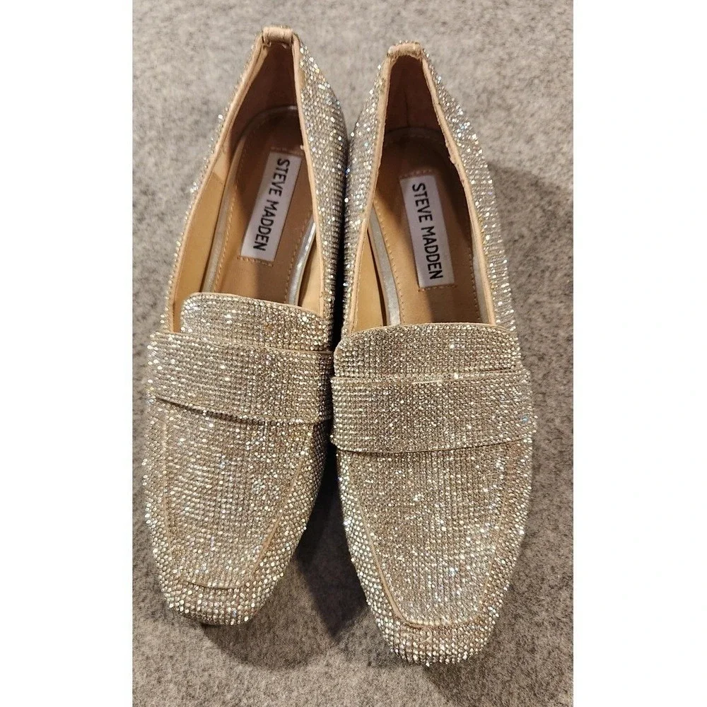 Steve Madden Shoes Womens Size 6 Silver Rhinestone RISKI-R Loafer Flats Slip‎ On